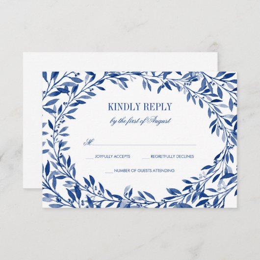 Navy Waterverf Laurel Krans Wedding RSVP (Voorkant / Achterkant)