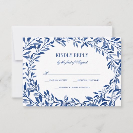 Navy Waterverf Laurel Krans Wedding RSVP Kaartje (Voorkant)