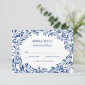 Navy Waterverf Laurel Krans Wedding RSVP Kaartje (Staand voorkant)