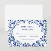 Navy Waterverf Laurel Krans Wedding RSVP Kaartje (Voorkant / Achterkant)