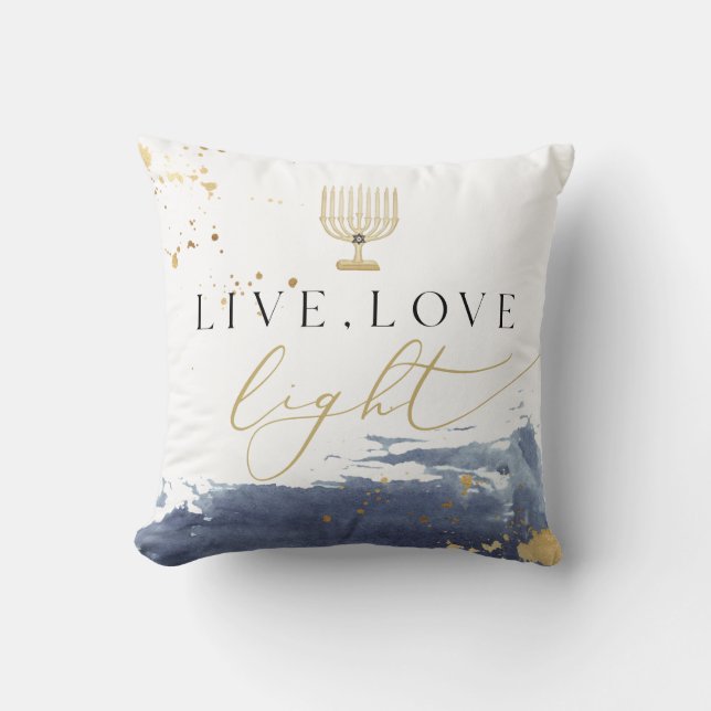 Navy Waterverf Menorah Live Love Light Hanukkah Kussen (Voorkant)