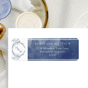 Navy Waterverf, Monogram Wedding Return Address Etiket