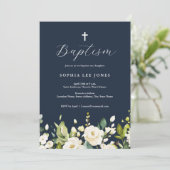 Navy Waterverf Neutrale Bloemen Doop Kaart (Staand voorkant)