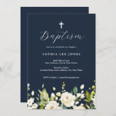 Navy Waterverf Neutrale Bloemen Doop Kaart (Voorkant / Achterkant)