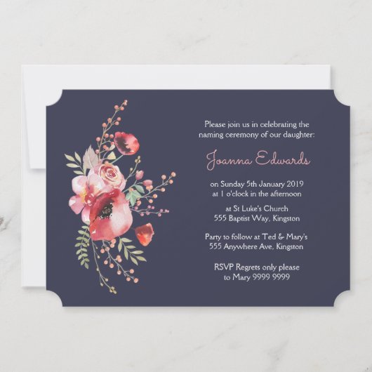 Navy Waterverf Poppies Naming Ceremony Uitnodigen Kaart (Voorkant)