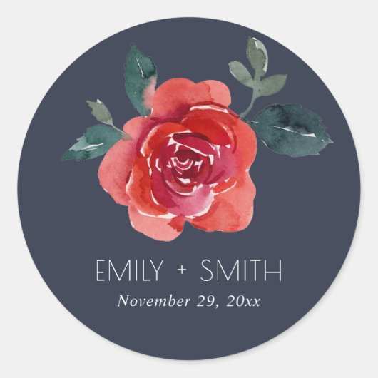 NAVY WATERVERF RED GREEN ROOS FLORAL WEDING RONDE STICKER (Voorkant)