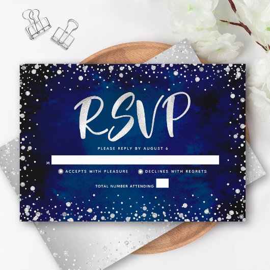 Navy Waterverf Silver Glitter Script Quinceañera RSVP Kaartje