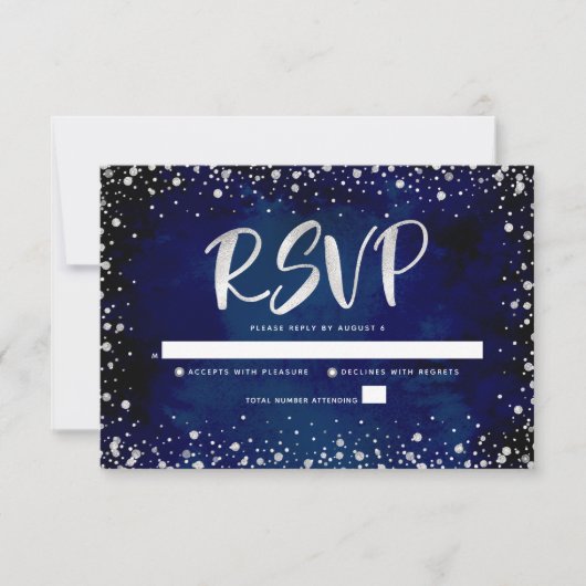 Navy Waterverf Silver Glitter Script Quinceañera RSVP Kaartje (Voorkant)