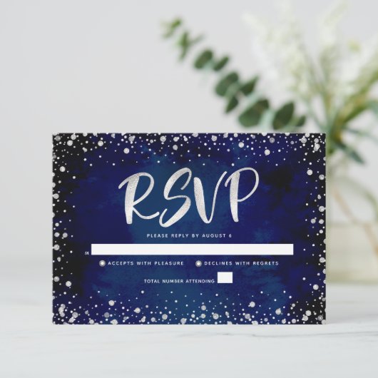 Navy Waterverf Silver Glitter Script Quinceañera RSVP Kaartje (Staand voorkant)