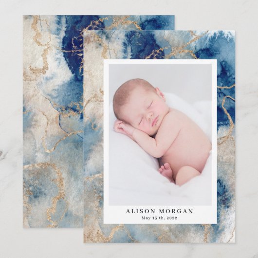 Navy waterverf Waves Gold Geboorteaankondiging Kaart (Voorkant / Achterkant)