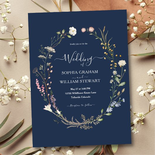 Navy Waterverf Wildflower Theme Boho Wedding Kaart