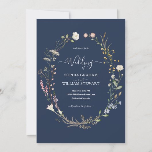 Navy Waterverf Wildflower Theme Boho Wedding Kaart (Voorkant)
