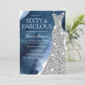 Navy Waterverf & Zilveren Gown 60ste Verjaardagsfe Kaart (Staand voorkant)