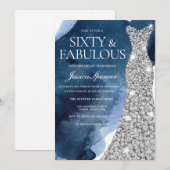 Navy Waterverf & Zilveren Gown 60ste Verjaardagsfe Kaart (Voorkant / Achterkant)