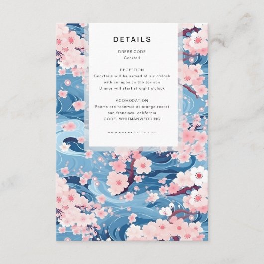 Navy Waves Sakura Blossom Modern Wedding Details Informatiekaartje (Voorkant)
