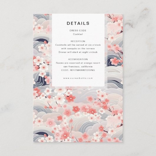 Navy Waves Sakura Blossom Modern Wedding Details Informatiekaartje (Voorkant)