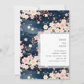 Navy Waves Sakura Blossom Modern Wedding Save The Date (Voorkant)