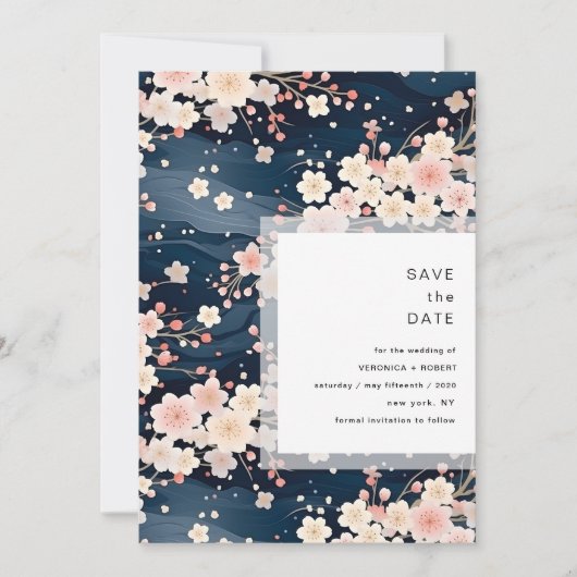Navy Waves Sakura Blossom Modern Wedding Save The Date (Voorkant)