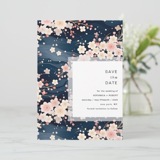 Navy Waves Sakura Blossom Modern Wedding Save The Date (Staand voorkant)