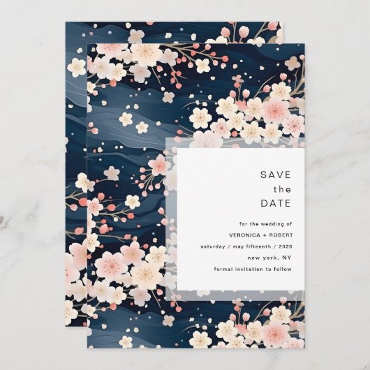 Navy Waves Sakura Blossom Modern Wedding Save The Date (Voorkant / Achterkant)
