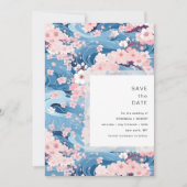 Navy Waves Sakura Blossom Modern Wedding Save The Date (Voorkant)