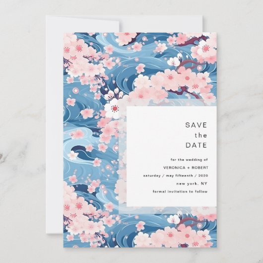 Navy Waves Sakura Blossom Modern Wedding Save The Date (Voorkant)