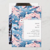 Navy Waves Sakura Blossom Modern Wedding Save The Date (Voorkant / Achterkant)