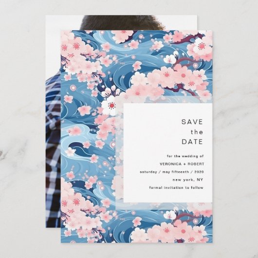 Navy Waves Sakura Blossom Modern Wedding Save The Date (Voorkant / Achterkant)