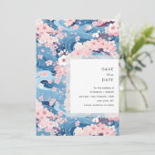 Navy Waves Sakura Blossom Modern Wedding Save The Date (Staand voorkant)