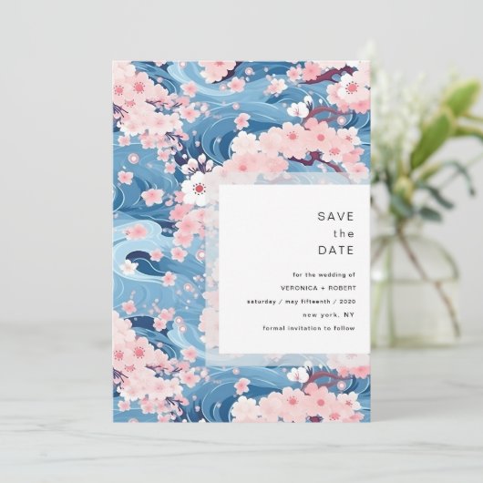 Navy Waves Sakura Blossom Modern Wedding Save The Date (Staand voorkant)