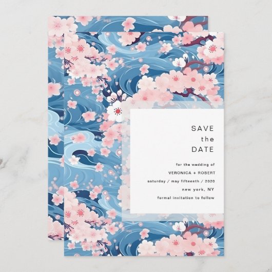 Navy Waves Sakura Blossom Modern Wedding Save The Date (Voorkant / Achterkant)