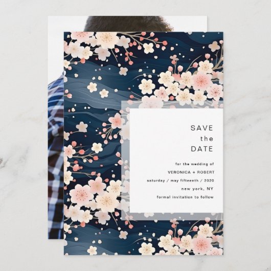 Navy Waves Sakura Blossom Modern Wedding Save The Date (Voorkant / Achterkant)