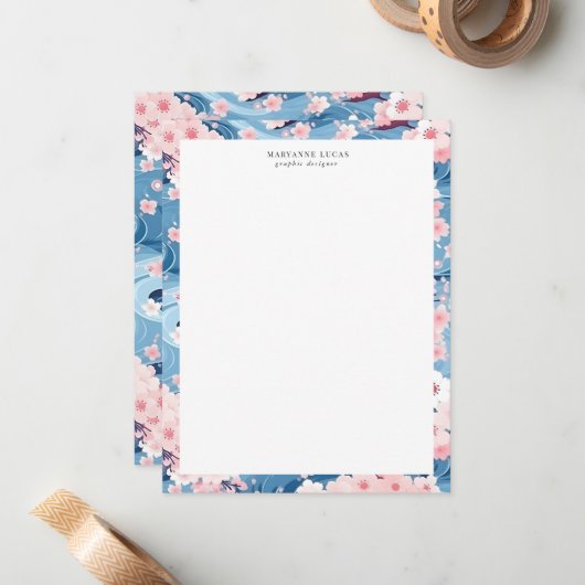 Navy Waves Sakura Elegant Bloemen Notitiekaartje (Voorkant / Achterkant in situ)