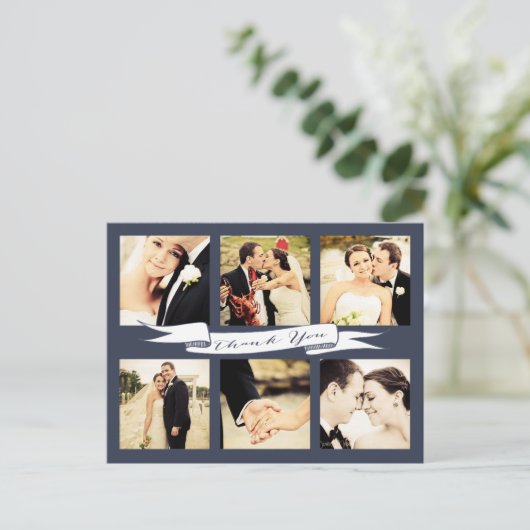 Navy Wedding Bedankt Script Typografie Foto Briefkaart (Staand voorkant)