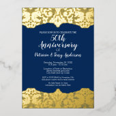 Navy Wedding Jubileum Foto en Gold Lace Folie Uitnodiging (Voorkant)