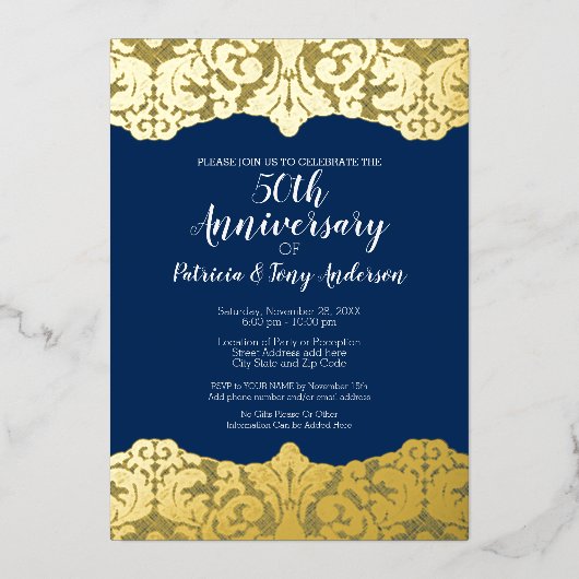 Navy Wedding Jubileum Foto en Gold Lace Folie Uitnodiging (Voorkant)