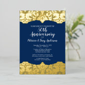 Navy Wedding Jubileum Foto en Gold Lace Folie Uitnodiging (Staand Voorkant)