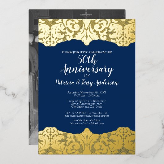 Navy Wedding Jubileum Foto en Gold Lace Folie Uitnodiging (Voorkant / Achterkant)