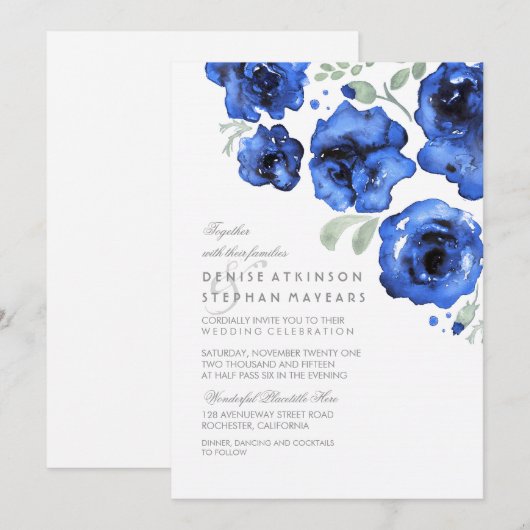 Navy Wedding - Waterverf Rozen Kaart (Voorkant / Achterkant)