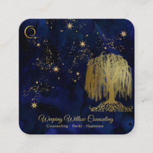 *~* Navy Weeping Willow Tree Gold Universe Cosmic Vierkante Visitekaartje