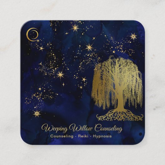*~* Navy Weeping Willow Tree Gold Universe Cosmic Vierkante Visitekaartje (Voorkant)
