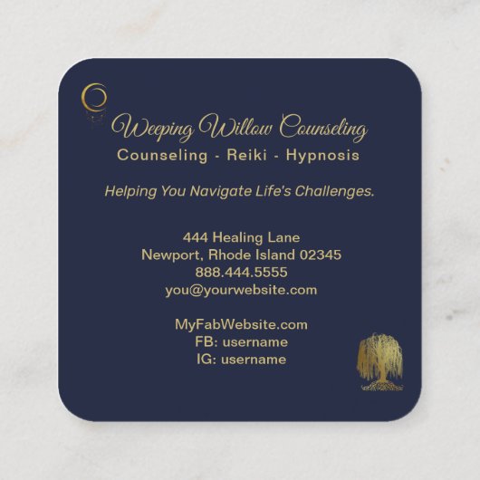 *~* Navy Weeping Willow Tree Gold Universe Cosmic Vierkante Visitekaartje (Achterkant)