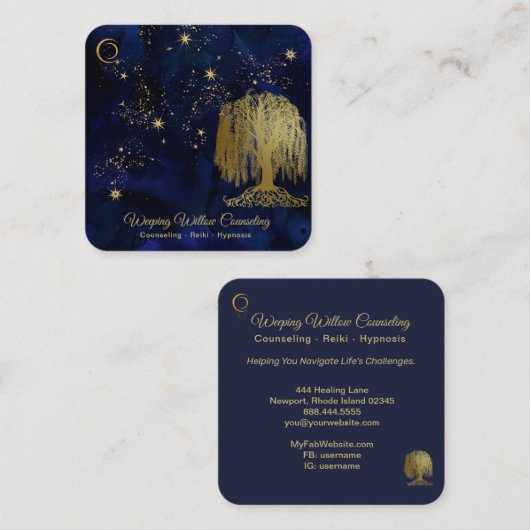 *~* Navy Weeping Willow Tree Gold Universe Cosmic Vierkante Visitekaartje (Voorkant / Achterkant)
