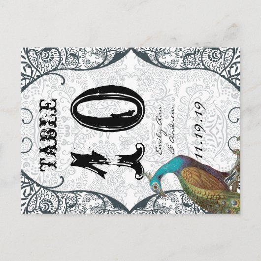Navy Whimsical Pauw Liefdesvogel Tafelnummer (Voorkant)