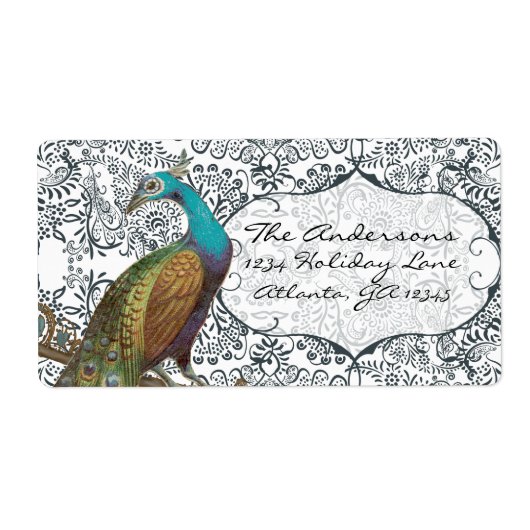 Navy Whimsical Peacock Love Bird Label (Voorkant)