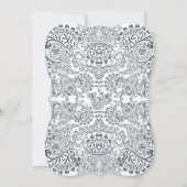 Navy Whimsical Peacock Love Bird Pattern Weddensch Kaart (Achterkant)