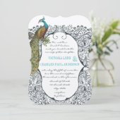 Navy Whimsical Peacock Love Bird Pattern Weddensch Kaart (Staand voorkant)
