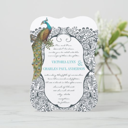 Navy Whimsical Peacock Love Bird Pattern Weddensch Kaart (Staand voorkant)