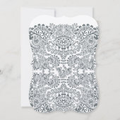 Navy Whimsical Peacock Love Bird Pattern Weddensch Kaart (Achterkant)