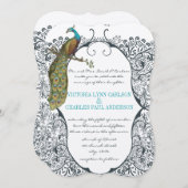 Navy Whimsical Peacock Love Bird Pattern Weddensch Kaart (Voorkant / Achterkant)